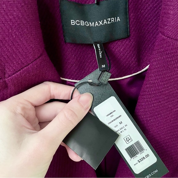 BCBGMaxAzria NWT Notch Collar Single-Breasted Riding Peacoat Trench in Raspberry - Picture 4 of 11